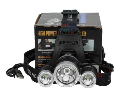 Nabíjecí LED čelovka se 3 světlomety 1× T6 + 2× LED