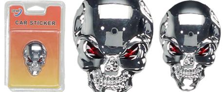 Kovová samolepka lebka – chrom (3,5 × 5 cm)