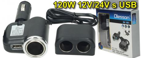 Rozdvojka do autozapalovače Olesson 120W 12V/24V s USB