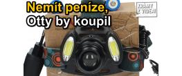 Čelovka se třemi světlomety včetně nabíečky do auta, do síte 220V + dva akumátory (čas 7:37)