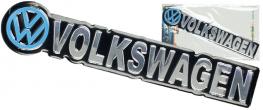 Kovová samolepka Volkswagen – modrý znak a stříbrný nápis (16,5 × 3,5 cm)