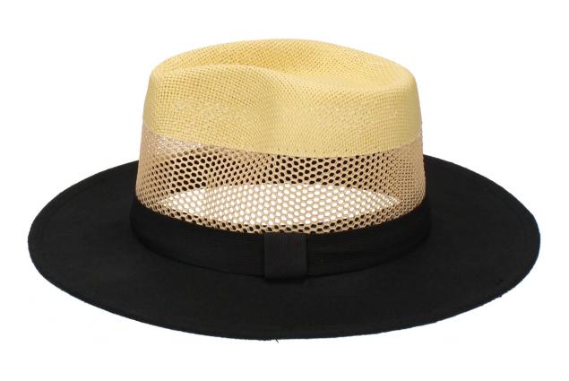 Černý letní klobouk se žlutou perforací a žlutým pruhem