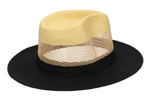 Černý letní klobouk se žlutou perforací a žlutým pruhem