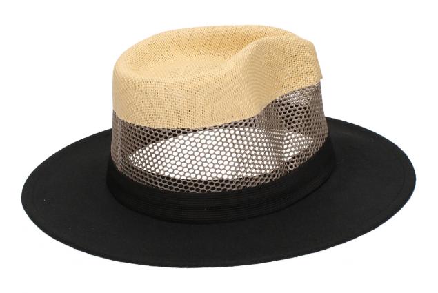 Černý letní klobouk se žlutou perforací a šedým pruhem