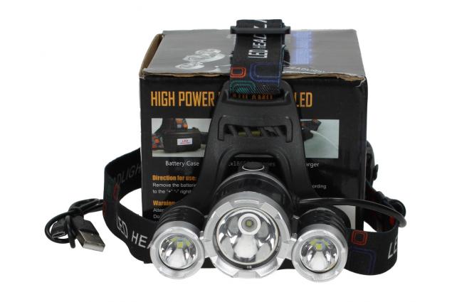 Nabíjecí LED čelovka se 3 světlomety 1× T6 + 2× LED