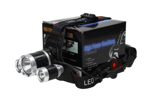 Nabíjecí LED čelovka se 3 světlomety 1× T6 + 2× LED