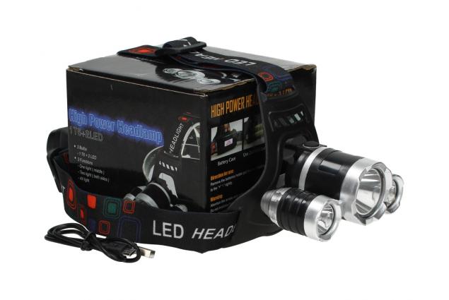 Nabíjecí LED čelovka se 3 světlomety 1× T6 + 2× LED