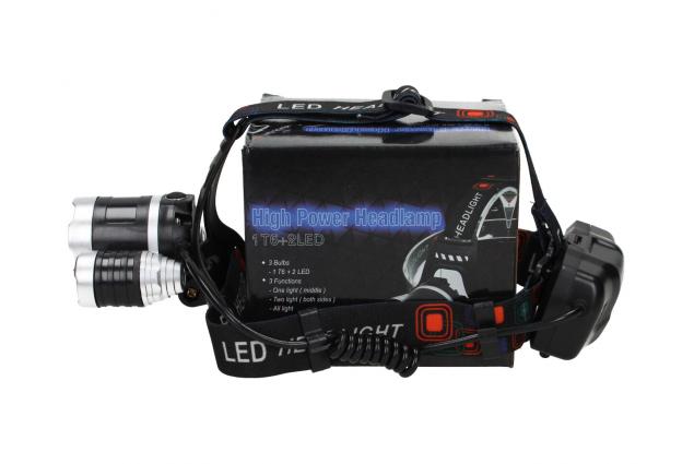 Nabíjecí LED čelovka se 3 světlomety 1× T6 + 2× LED