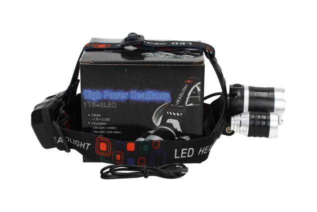 Nabíjecí LED čelovka se 3 světlomety 1× T6 + 2× LED