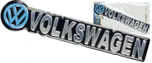 Kovová samolepka Volkswagen – modrý znak a stříbrný nápis (16,5 × 3,5 cm)