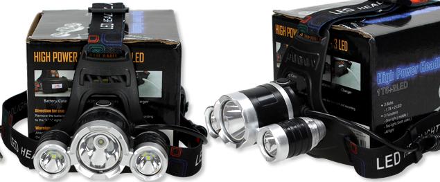 Nabíjecí LED čelovka se 3 světlomety 1× T6 + 2× LED